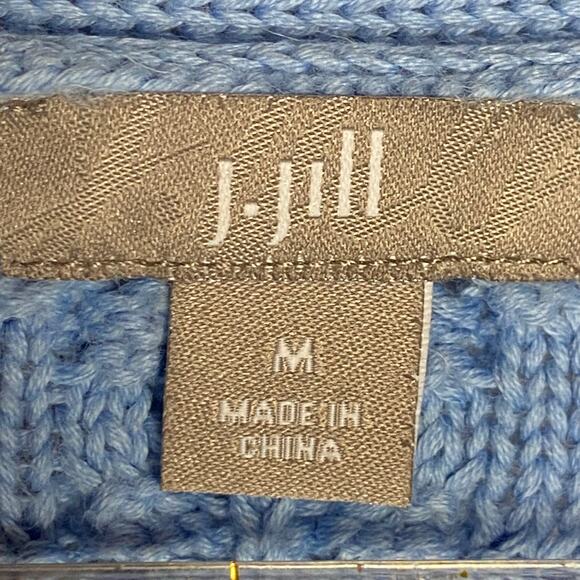 J Jill Womens Size Medium Blue Cableknit Cardigan Sweater Cotton Ruffle Sleeve - Picture 8 of 10